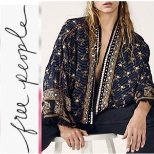 Free People Rays of Light Jacket Kimono Sequin Embellished Fringe Medium
